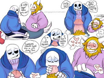 anthro beard big_penis blonde_hair bodily_fluids bone dialogue duo erection facial_hair fellatio genital_fluids genitals hair horn huge_penis humanoid_genitalia humanoid_penis male male/male mature_anthro mature_male oral penile penis precum sex skeleton text averygayskeleton undertale undertale_(series) asgore_dreemurr sans_(undertale) animated_skeleton boss_monster_(undertale) bovid caprine mammal undead 4:3 english_text source_request