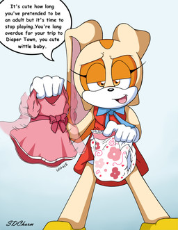 ageplay anthro babying babying_viewer blue_ribbon clothing diaper dominant dominant_young dress eyelashes female fur holding_clothing holding_dress holding_object humiliation looking_at_viewer looking_down looking_down_at_viewer orange_clothing orange_dress pink_clothing pink_dress roleplay talking_to_viewer tan_body tan_fur teasing teasing_viewer text young young_female sdcharm_(artist) sega sonic_the_hedgehog_(series) cream_the_rabbit lagomorph leporid mammal rabbit english_text hi_res