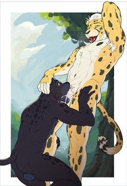 anthro armpit_hair balls black_body black_fur blue_eyes bodily_fluids body_hair border butt claws cum cum_in_mouth cum_inside cum_while_penetrated cumshot deep_throat duo ejaculation fangs fellatio finger_claws fur genital_fluids genitals hands-free male male/male male_penetrated male_penetrating male_penetrating_male markings melanistic nipples nude nude_anthro nude_male oral oral_orgasm oral_penetration orgasm orgasm_face outside penetration penile penis sex spots spotted_body spotted_fur surprised sweat sweatdrop tail teeth white_body white_border white_fur yellow_body yellow_eyes yellow_fur taru_psd cheetah felid feline leopard mammal pantherine hi_res