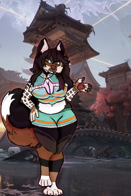 anthro breasts brown_body brown_fur clothed clothing curled_tail female fur green_eyes hair long_hair solo tail smoreo zapodawgz marvel marvel_rivals squirrel_girl_(marvel) canid canine canis domestic_dog mammal shiba_inu shikoku_ken spitz 2:3 hi_res