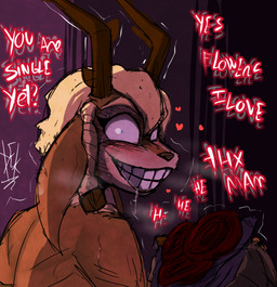 bodily_fluids crazy_eyes creepy female flower horn insane plant rose_(flower) saliva smile destruteka silvia_tenebrous_forest_(destruteka) cervine deer mammal