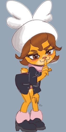 anthro blush blush_lines boots brown_eyes brown_hair buckteeth clothing cosplay crossover_cosplay female footwear fur grey_background hair half-closed_eyes narrowed_eyes orange_body orange_fur panties pink_nose scarf shoes shush simple_background snow_boots solo teeth underwear winter_coat winter_hat rw_(artist) chuck_e._cheese's_pizzeria nintendo pokemon pokemon_legends_z-a ansha_(pokemon) bella_brinca bella_bunny lagomorph leporid mammal rabbit 2025 crossover