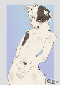 animal_genitalia anthro balls biped blush border brown_eyes floppy_ears fur genitals gradient_background grey_body grey_border grey_fur grey_hair hair hand_on_hip hand_on_sheath holding_own_sheath holding_sheath inner_ear_fluff male multicolored_hair nipples nude pink_inner_ear sheath short_hair simple_background solo standing text tuft two_tone_hair white_body white_fur white_hair white_inner_ear_fluff cocoline_(artist) canid canine canis domestic_dog mammal 2022 absurd_res artist_name dated digital_media_(artwork) hi_res portrait three-quarter_portrait