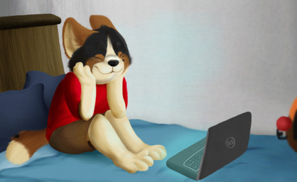 anthro bed bedroom black_body black_fur black_nose bottomwear brown_body brown_bottomwear brown_clothing brown_fur brown_shorts clothed clothing computer detailed_background electronics eyes_closed feet fur furniture hindpaw laptop male male_anthro on_bed paws pillow red_clothing red_shirt red_topwear shirt shorts sitting sitting_on_bed smile solo t-shirt tail tan_body tan_fur tan_inner_ear topwear sebdoggo blue_(sebdoggo) canid canine canis domestic_dog herding_dog mammal pastoral_dog pembroke_welsh_corgi welsh_corgi 2013 adobe_photoshop_(artwork) digital_media_(artwork) digital_painting_(artwork) painting_(artwork) shaded soft_shading trans_(lore) trans_man_(lore)