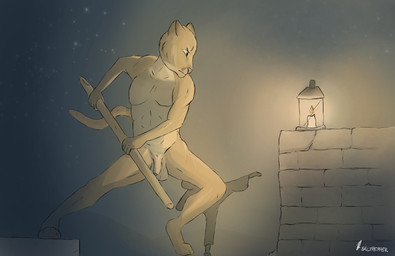 5_fingers anthro balls big_balls candle casual_nudity fingers flaccid foreskin genitals holding_object humanoid_genitalia humanoid_penis lamp lantern male martial_arts muscular muscular_anthro muscular_male night nude outside paws penis saggy_balls sky solo staff standing star starry_sky weapon salt_pepper cougar felid feline mammal 2017 digital_media_(artwork) hi_res