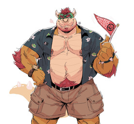 anthro arm_hair barazoku beard belly belt body_hair bottomwear bracelet clock clothed clothing creature_print eyebrows eyewear facial_hair facial_piercing flag flag_(object) front_view glasses hair hand_on_hip happy_trail holding_flag holding_object horn jewelry looking_at_viewer male musclegut muscular muscular_anthro muscular_male navel nipple_piercing nipple_ring nipples nose_piercing nose_ring one_eye_closed open_clothing open_shirt open_topwear pattern_clothing pattern_shirt pattern_topwear pecs pennant piercing pockets print_clothing print_shirt print_topwear pubes ring_piercing shirt shorts simple_background smile solo spiked_bracelet spikes standing text topwear watch white_background wink wristwatch gamubear bowser_day mario_bros nintendo bowser koopa scalie 2021 english_text hi_res