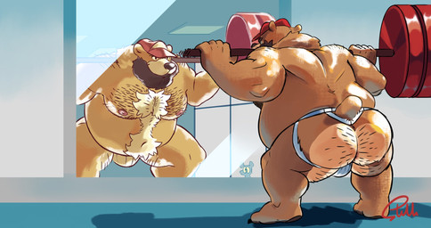 anthro anus barbell barbell_squats beard brown_body bulge butt clothing exercise facial_hair hat headgear headwear humanoid_hands jockstrap male mirror overweight overweight_male solo squats underwear weightlifting workout stellanova bear mammal 2022 hi_res