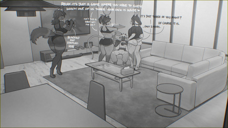 anthro big_butt biped breasts butt clothed clothing detailed_background dialogue female furniture group inside male sitting sofa standing text thick_thighs sincrescent hush_(demivo) zock bovid canid canine caprine mammal 16:9 english_text hi_res widescreen