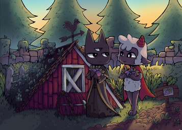 3_eyes ambiguous_anthro ambiguous_gender anthro detailed_background dirt eye_contact fence grass looking_at_another multi_eye outside plant shrub smile stone_wall tree walking wall_(structure) crow-ig cult_of_the_lamb massive_monster_(studio) lamb_(cult_of_the_lamb) narinder domestic_cat felid feline felis mammal digital_drawing_(artwork) digital_media_(artwork)