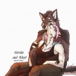 anthro breasts cleavage clothed clothing duo eyebrows eyelashes eyes_closed female fur green_eyes hair hug male male/female pink_hair simple_background sitting text white_background bishkah291ax48 canid canine canis mammal wolf 1:1 digital_media_(artwork) shaded signature