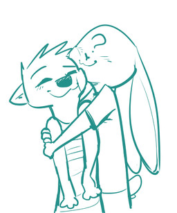 ?_face anthro blush clothed clothing duo eyes_closed hug male simple_background white_background fuel_(artist) anon oliver_(fuel) lagomorph leporid mammal mustelid otter rabbit 2018 5:6 blue_and_white green_and_white low_res monochrome
