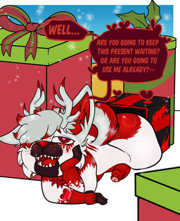 anthro bubble_butt butt dialogue foreskin genitals gift holidays lying male offering_to_viewer on_front penis shortstack shortstack_male snow solo speech_bubble teasing teasing_viewer text linyxart christmas folfie_winter canid canine canis deer hybrid mammal wolf english_text hi_res