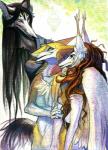 black_hair black_lips brown_hair ear_tuft empty_eyes female fluffy fur green_eyes group hair lips long_hair male neck_tuft open_mouth red_eyes teeth tuft white_body white_fur wings worried yellow_sclera raesheris alekronov sergal hi_res