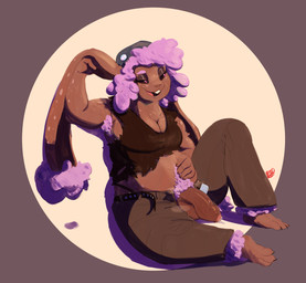 anthro armpit_hair bodily_fluids body_hair breasts brown_body buckteeth clothed clothing fluffy genitals gynomorph hair half-closed_eyes intersex long_ears narrowed_eyes open_mouth penis pink_hair pubes simple_background sitting slightly_chubby smile solo teeth tongue topwear tuft red_breadd nintendo pokemon generation_4_pokemon humanoid lagomorph leporid lopunny mammal pokemon_(species) rabbit shiny_pokemon digital_media_(artwork) hi_res
