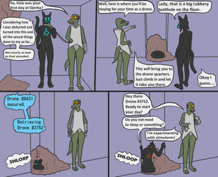 anthro clothing collar dialogue drone dronification female glowing glowing_eyes glowing_markings latex latex_clothing latex_drone latex_skinsuit leash leashed_collar male markings orifice science_fiction skinsuit text tight_clothing trinitite unnamed_character avian felid feline lynx mammal reptile scalie comic english_text