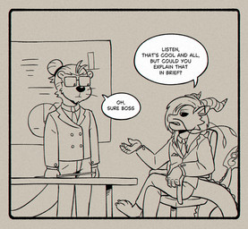 accessory allcaps anthro barbel_(anatomy) black_sclera black_text boss_and_employee business_meeting chair chart dialogue duo eyewear furniture glasses hair holding_object humor long_hair male necktie pie_chart pun sitting speech_bubble suit_and_tie text whiskers fudatsu mythology manu_(fudatsu) dragon eastern_dragon mammal mustelid mythological_creature mythological_scalie otter scalie 2026 comic english_text