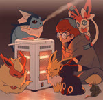 ambiguous_gender blue_body clothed clothing evolutionary_family eyes_closed eyewear feral fire fur glasses hair larger_human open_mouth quadruped red_hair size_difference smaller_feral space_heater wearing_glasses yellow_body yellow_fur mikripkm nintendo pokemon penny_(pokemon) eeveelution flareon generation_1_pokemon generation_2_pokemon generation_4_pokemon generation_6_pokemon human jolteon leafeon mammal pokemon_(species) sylveon umbreon vaporeon animated no_sound short_playtime webm