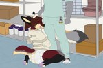 anthro bulge clean_diaper clothed clothing container diaper duo female footwear kneeling male restraints shoes straitjacket tongue tongue_out wearing_diaper wetness_indicator noverz nova_(noverz) canid canine canis fox hybrid mammal wolf 3:2 hi_res