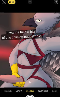 anthro beak biped camera_hud camera_view feathers feet genitals looking_at_viewer male nipples non-mammal_nipples penis solo talon_hands talons text toes touching_penis wings toafloast avian bird absurd_res english_text hi_res