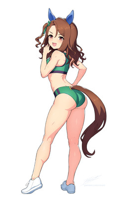 animal_ears asian_clothing bottomwear bra bun_huggers buruma butt clothing east_asian_clothing female footwear green_bra green_bun_huggers green_buruma green_clothing green_sports_bra green_underwear japanese_clothing shoes sneakers solo sports_bra sports_panties track_and_field underwear revenant_(artist) cygames uma_musume_pretty_derby king_halo_(pretty_derby) animal_humanoid equid equid_humanoid equine equine_humanoid horse_humanoid humanoid mammal mammal_humanoid