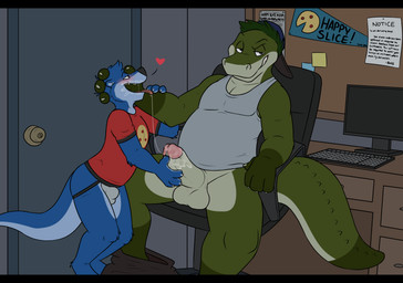4_fingers anthro anthro_on_anthro arm_grab arm_tuft backwards_baseball_cap backwards_hat balls baseball_cap black_bars black_nose blue_body blue_fur blue_hair blue_tail blush bodily_fluids bottomwear bottomwear_down bulge chair cheek_tuft claws clothed clothing computer countershade_face countershade_tail countershade_torso countershading cum cum_in_mouth cum_inside cum_on_face cum_on_penis cum_on_tongue cum_string delivery_(commerce) delivery_employee desk dipstick_tail dominant door duo ears_back elbow_tuft electronics erection eyebrows facial_tuft fingers food food_delivery front_view fur furniture genital_fluids genitals glans gloves_(marking) green_body green_hair green_scales green_tail hair half-closed_eyes hat head_grab head_tuft headgear headwear heart_symbol humanoid_genitalia humanoid_penis inside interspecies jockstrap keyboard larger_dom larger_male leg_markings looking_at_another looking_at_partner looking_at_viewer male male/male markings monitor multicolored_body multicolored_fur multicolored_scales multicolored_tail narrowed_eyes office office_chair open_mouth open_smile pants pants_down paper partially_clothed penis penis_grab pink_penis pivoted_ears pizza pizza_delivery raised_eyebrow red_clothing red_topwear scales shirt short_hair sitting size_difference slightly_chubby smaller_male smile smug socks_(marking) spread_legs spreading standing t-shirt table tail tail_markings tank_top teeth text tongue topwear tuft two_tone_body two_tone_fur two_tone_scales two_tone_tail underwear white_body white_scales white_tail rotten_robbie randall_(rotten_robbie) robbie_(rotten_robbie) alligator alligatorid crocodilian mammal mustelid otter reptile scalie absurd_res digital_media_(artwork) english_text flat_colors hi_res
