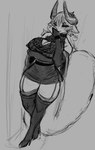 anthro arm_warmers armwear big_breasts boots breasts clothing dress ear_piercing eyeliner female footwear hair high_heeled_boots high_heels horn legwear lingerie makeup piercing ring shoes solo stockings tail thigh_boots thigh_highs zerolativity plu demon mammal mephitid skunk greyscale hi_res monochrome sketch