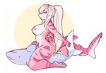 andromeda_(bot125) anthro areola barefoot blue_eyes breasts digital_media_(artwork) feet female fish gills hair hair_over_eye hindpaw horn marine morgdl nude one_eye_obstructed pawpads paws pink_body pink_scales ponytail scales shark solo white_body white_hair white_scales