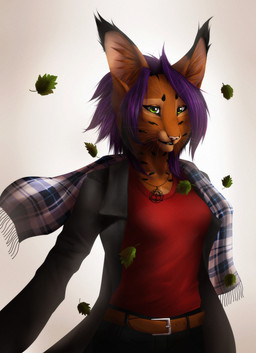 anthro black_lips breasts clothed clothing female green_eyes hair lips purple_hair smile solo whiskers lynjox felid feline lynx mammal 2015 digital_media_(artwork) hi_res