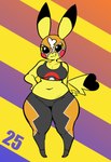 anthro anthrofied belly bra breasts camel_toe clothed clothing cosplay_pikachu_(character) cosplay_pikachu_(costume) digital_media_(artwork) female generation_1_pokemon hi_res mask midriff navel nintendo number pikachu pikachu_libre pirpole_haze pokemon pokemon_(species) pokemorph short_stack solo sports_bra underwear