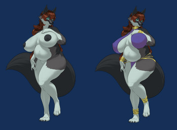 anthro belly big_breasts big_butt big_tail black_nipples breasts butt claws clothed clothing ear_tuft female fur genitals green_eyes hair huge_breasts jewelry long_hair looking_at_viewer multicolored_body multicolored_fur navel nipple_outline nipples overweight overweight_anthro overweight_female paws purple_clothing skimpy snout solo tail thick_thighs toe_claws tuft vulva white_body traziel_q apsu_(vulkein) canid canine canis mammal wolf alpha_channel hi_res model_sheet