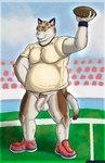 anthro balls bottomless brown_body brown_fur clothed clothing flaccid footwear foreskin fur genitals glans humanoid_genitalia humanoid_penis long_foreskin looking_at_viewer male overweight overweight_male penis pink_nose pubes rugby_ball saggy_balls shirt showing_teeth solo sportswear tail topwear vein veiny_penis whiskers wristband garo_(artist) buddy_cat mike_(buddy_cat) calico_cat domestic_cat felid feline felis mammal 2023 absurd_res colored digital_media_(artwork) hi_res shaded