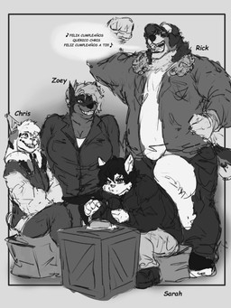 anthro black_hair box chris_(limbo6_6) clothing container female fur group hair hat headgear headwear jacket lo_que_nos_devoro male muscular muscular_anthro muscular_male one_eye_closed party_hat rick_(limbo6_6) sarah_(limbo6_6) simple_background smile speech_bubble text topwear what_devoured_us white_body white_fur wink zoey_(limbo6_6) limbo6_6 canid canine canis dobermann domestic_cat domestic_dog felid feline felis lagomorph leopard leporid mammal molosser mountain_dog pantherine pinscher rabbit saint_bernard 3:4 absurd_res english_text hi_res monochrome shaded simple_shading sketch