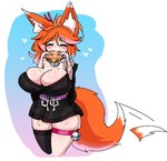 arm_tattoo big_breasts blush blush_lines breasts burger cleavage clothed clothing eating eyes_closed female food freckles hair heart_symbol huge_breasts motion_lines orange_hair smile solo standing tail tail_motion tailwag tattoo thick_thighs mochifoxxo mochi_(mochifoxxo) animal_humanoid canid canid_humanoid canine canine_humanoid fox_humanoid humanoid mammal mammal_humanoid