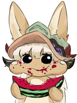 accessory anthro big_pupils clothing eating female food fruit fur hair hat headgear headwear holding_food holding_object long_ears looking_at_viewer melon plant pupils rabbit_ears simple_background solo stain tan_body watermelon white_background white_hair unknown_artist made_in_abyss touhou nanachi lagomorph leporid mammal narehate rabbit half-length_portrait meme portrait