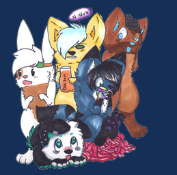 anthro biped black_body black_clothing black_ears black_fur black_hair black_hat black_headwear black_nose black_tail blue_body blue_ears blue_eyes blue_fur blue_inner_ear blue_tail brown_body brown_clothing brown_ears brown_fur brown_tail clothing dialogue feral fur green_body green_clothing green_eyes green_fur green_inner_ear green_tail group hair hat headgear headwear multicolored_body multicolored_ears multicolored_fur open_mouth pawpads pink_nose purple_pawpads quadruped speech_bubble tail two_tone_body two_tone_ears two_tone_fur two_tone_tail white_ears white_hair white_inner_ear yellow_body yellow_ears yellow_fur tuxiiedos mutt_(tuxiiedos) canid canine canis domestic_dog fox herding_dog lagomorph leporid mammal old_english_sheepdog pastoral_dog rabbit sheepdog wolf 2013 alpha_channel hi_res
