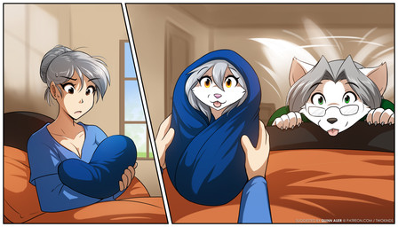 2_panel_comic 5_fingers aged_down anthro bed biped blep border breasts brown_eyes claws cleavage clothed clothed_anthro clothed_female clothed_human clothed_humanoid clothed_male clothing eyewear female fingers first_person_view front_view fur furniture glasses green_eyes grey_hair group hair holding_baby humor inside linked_speech_bubble looking_at_viewer lying male mature_anthro mature_male neonate on_bed smile speech_bubble tail tail_motion tailwag text three-quarter_view tongue tongue_out trio under_covers white_body white_border white_fur young young_anthro conditional_dnp tom_fischbach nine_months_in_my_womb_making_me_suffer twokinds euchre mary_silverlock raine_silverlock canid canine canis human humanoid keidran mammal wolf 2026 7:4 comic digital_drawing_(artwork) digital_media_(artwork) hi_res meme multiple_scenes url daughter_(lore) father_(lore) father_and_child_(lore) father_and_daughter_(lore) mother_(lore) mother_and_child_(lore) mother_and_daughter_(lore) mother_and_father_(lore) parent_(lore) parent_and_child_(lore) parent_and_daughter_(lore)