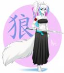 aimi anthro breasts canid canine canis clothed clothing digital_media_(artwork) eytha female fur hair hi_res looking_at_viewer mammal melee_weapon shaded simple_background solo standing sword weapon wolf