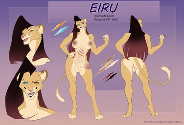 anthro areola balls big_breasts biped blue_eyes breasts color_swatch digitigrade eyebrow_piercing facial_piercing front_view genital_piercing genitals gynomorph hair heterochromia humanoid_genitalia humanoid_penis intersex looking_at_viewer nipple_piercing nipples nude_anthro nude_gynomorph penis penis_piercing piercing pose prince_albert_piercing rear_view scar solo tail text peritian eiru_(boxneko) felid lion mammal pantherine artist_name character_name digital_drawing_(artwork) digital_media_(artwork) english_text flat_colors full-length_portrait hi_res model_sheet portrait