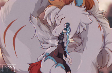 anthro black_body black_fur black_hair bodily_fluids brown_body brown_fur brown_hair claws duo ears_down ears_up female fluffy fluffy_tail fur genital_fluids genitals hair happy imminent_vore inevitable_vore male male/female male_prey neck_tuft nude open_mouth pawpads paws pivoted_ears saliva size_difference smile tail teeth tongue tongue_out tuft vore white_body white_fur white_hair willing_prey shyryp mythology arbuz kalay_(shyryp) canid canine dragon eastern_dragon fox furred_dragon furred_scalie mammal mythological_creature mythological_scalie scalie absurd_res digital_media_(artwork) hi_res