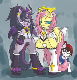 asian_clothing blue_eyes brown_hair clothing costume cross cutie_mark ear_piercing east_asian_clothing eye_patch eyewear feathered_wings feathers female feral fur group hair horn japanese_clothing long_hair maebari male multicolored_hair piercing pink_hair pirate purple_body purple_eyes purple_fur purple_hair short_hair tail two_tone_hair wings yellow_body yellow_feathers young young_feral radioscope friendship_is_magic hasbro my_little_pony mythology fluttershy_(mlp) pipsqueak_(mlp) twilight_sparkle_(mlp) angel earth_pony equid equine horse mammal mythological_creature mythological_equine pegasus pony undead unicorn vampire hi_res