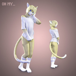 anthro bare_shoulders blonde_hair blue_eyes bottomless butt clothed clothing clothing_pull covering covering_self eyewear femboy footwear front_view fur glasses hair legwear looking_at_viewer looking_back male rear_view shirt shirt_pull short_hair socks solo topwear topwear_pull yellow_body yellow_fur zorryn domestic_cat felid feline felis mammal 1:1 2014 3d_(artwork) digital_media_(artwork) hi_res unavailable_at_source