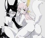 3_eyes 4_ears anthro anus arm_tuft barely_visible_genitalia barely_visible_pussy big_ears black_hair blush blush_lines breasts butt canid canine covering covering_self duo elbow_tuft eyewear female female/female fluffy fluffy_tail fur genitals glasses hair kaltespur kneeling licking licking_lips licking_own_lips mammal medium_breasts multi_ear multi_eye nipples nude pink_hair pussy raised_tail simple_background tail tongue tongue_out tuft unknown_species white_background white_body white_fur