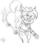 anthro balls big_butt bulge butt clothing cowboy_hat cowboy_outfit duo ear_piercing ear_ring genitals gun hand_on_butt hat headgear headwear holding_butt looking_at_viewer looking_back male open_mouth pawpads piercing ranged_weapon ring_piercing shoulder_grab weapon fennephilim_fox league_of_legends riot_games tencent kled_(lol) tagger_fox canid canine fennec_fox fox mammal true_fox yordle 1:1 hi_res line_art monochrome