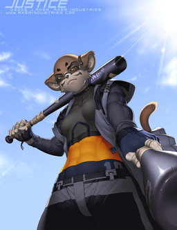 abs anthro baseball_bat bat_(object) brown_body brown_eyes brown_fur clothed clothing eyewear facial_markings female fur glasses gloves handwear head_markings jacket looking_at_viewer markings muscular muscular_female simple_background solo sun tail tomboy topwear j_axer justice_(j_axer) felid mammal 2008