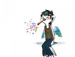 4:3 anthro avian beak bird black_hair blue_beak blue_body blue_feathers blush bottomwear clothed clothing confetti eyes_closed feathers female fully_clothed hair hi-ku hiku_(hi-ku) object_in_mouth owl shirt short_hair simple_background sitting skirt solo topwear white_background white_body wings