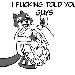 anthro clothed clothing dialogue explosives grenade insane male profanity simple_background solo text weapon white_background wide_eyed replytoanons disney zootopia percy_vison european_polecat mammal mustelid musteline true_musteline weasel 1:1 english_text greyscale monochrome reaction_image