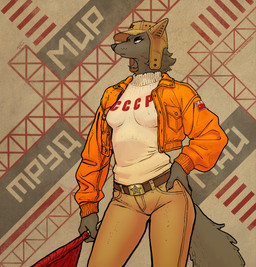 anthro biped black_body black_fur clothed clothing detailed_background female flag flag_(object) fur jacket orange_clothing orange_jacket orange_topwear solo soviet_flag sweater text topwear white_clothing white_sweater white_topwear e-532 canid canine canis domestic_dog mammal 2026 hi_res russian_text translated url