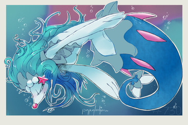 abstract_background air_bubble ambiguous_gender blue_body blue_hair blush border eyes_closed feral fin hair happy long_hair outline side_view smile solo text underwater water white_body white_border white_outline parabellux nintendo pokemon aquatic asterozoan echinoderm generation_7_pokemon pokemon_(species) primarina starfish 3:2 artist_name colored full-length_portrait hi_res portrait shaded