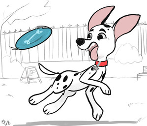 black_ears black_nose black_spots collar feral frisbee fur heterochromatic_ears male red_collar running solo spots star tongue tongue_out toony white_body white_fur 101_dalmatian_street 101_dalmatians disney dylan_(101_dalmatians) canid canine canis dalmatian domestic_dog mammal