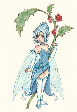 anime_style belt blush breasts clothed clothing female hair humanoid_pointy_ears insect_wings leaf_clothing legwear micro monster_girl_(genre) not_furry pointy_ears simple_background smile snowflake solo text thigh_highs white_hair wings kuridel_black disney disney_fairies periwinkle_(disney_fairies) fairy humanoid winged_humanoid hi_res
